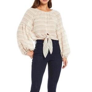 Gianni Bini Serena Beige Striped Balloon Sleeve Tie Front Cotton/Linen Blouse S